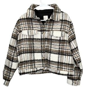 Joie Bonfire‎ Plaid Crop Shacket Womens Sz L Neutral Sherpa Fleece Shirt Jacket